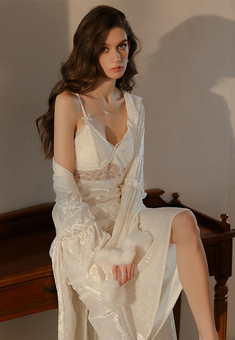 Velvet patchwork sexy low-cut suspender nightgown robe set CA24112031W