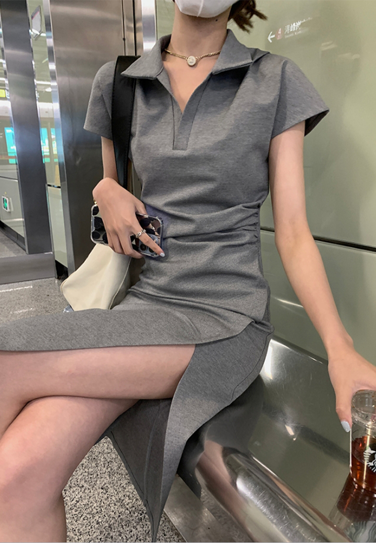 Polo temperament high-waisted slit casual t-shirt long skirt CA24030731GY