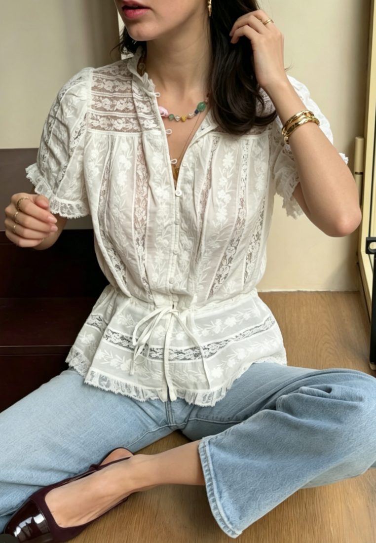 Chic Style Lace Panel Drawstring Waist Short Sleeve Blouse K26050501