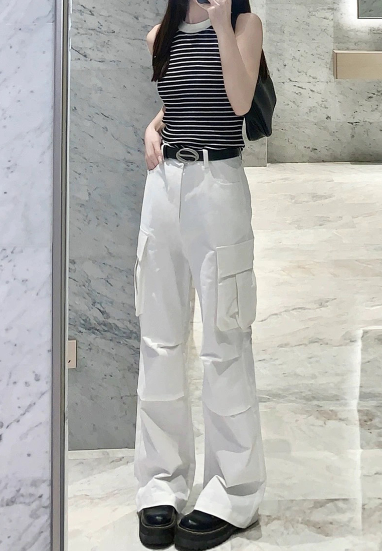 Korean simple contrast striped halterneck sweater top CA24050631