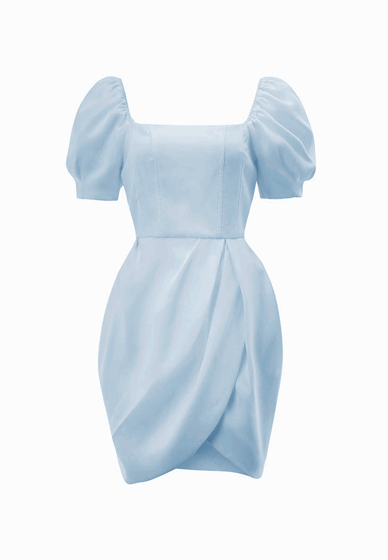 French vintage light blue square neck dress A021931