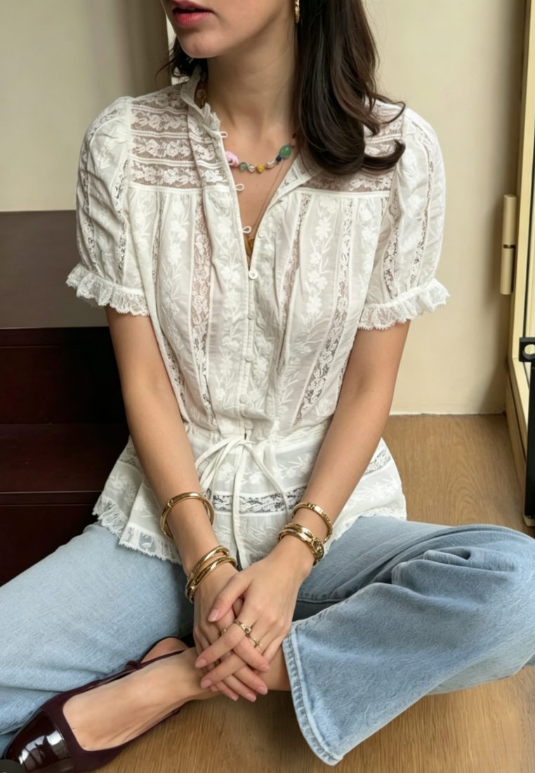 Chic Style Lace Panel Drawstring Waist Short Sleeve Blouse K26050501