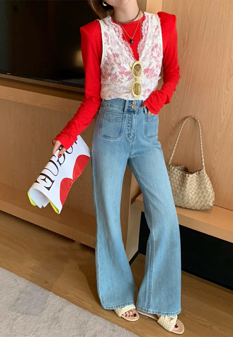 New Korean style four-way stretch high waist flared jeans CA225042231BL