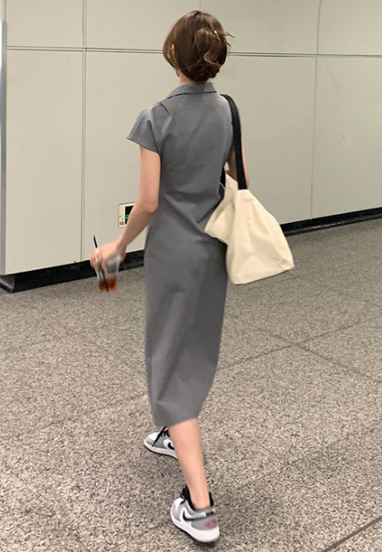 Polo temperament high-waisted slit casual t-shirt long skirt CA24030731GY