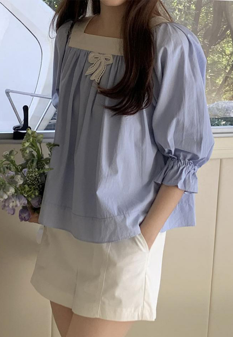 2024 Summer New Simple Contrast Square Neck Shirt CA24041031BL