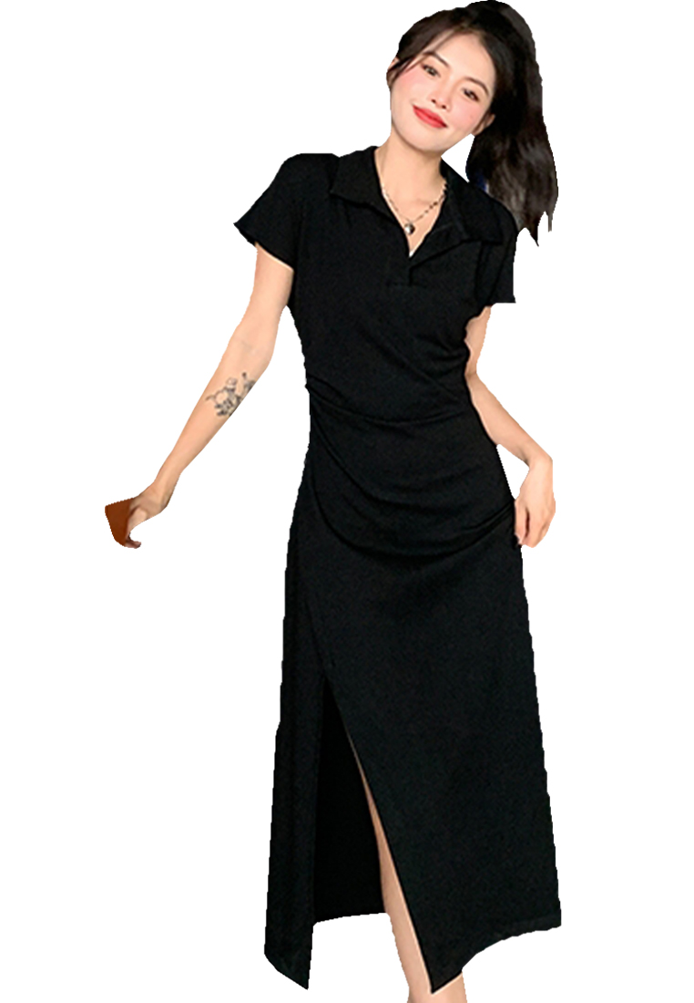 Polo temperament high-waisted slit casual t-shirt long skirt CA24030731GY