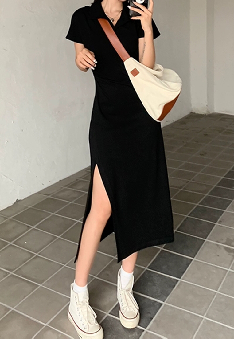 Polo temperament high-waisted slit casual t-shirt long skirt CA24030731GY