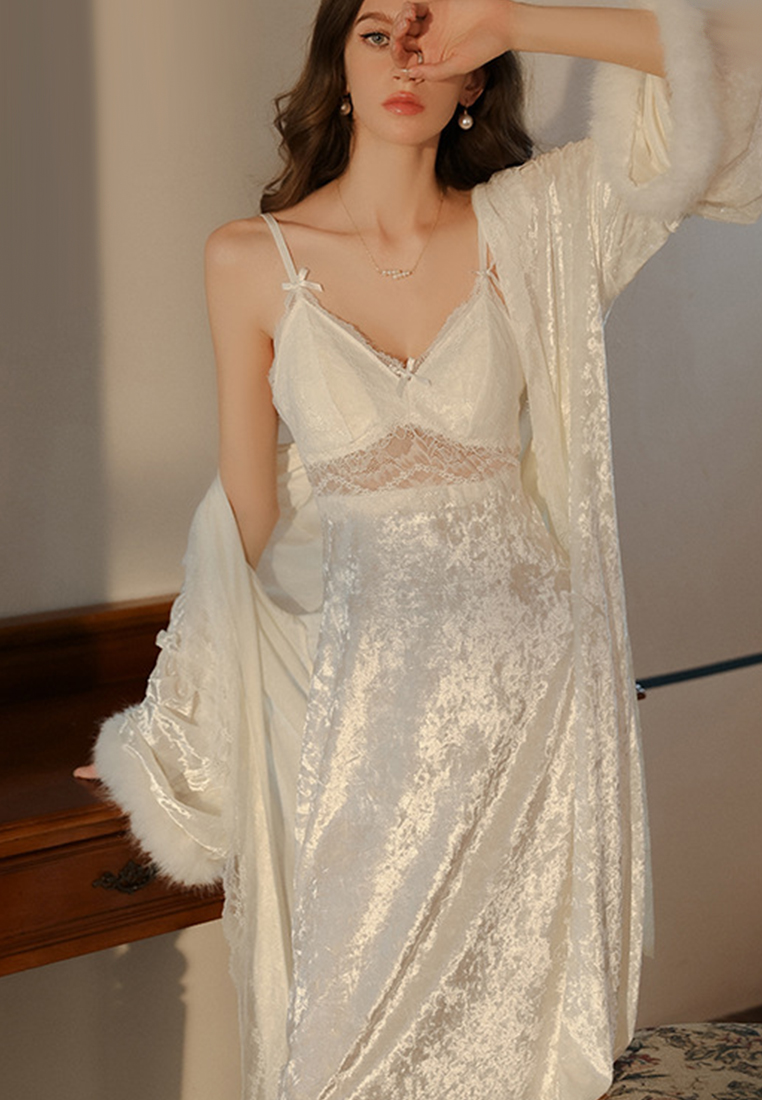 Velvet patchwork sexy low-cut suspender nightgown robe set CA24112031W