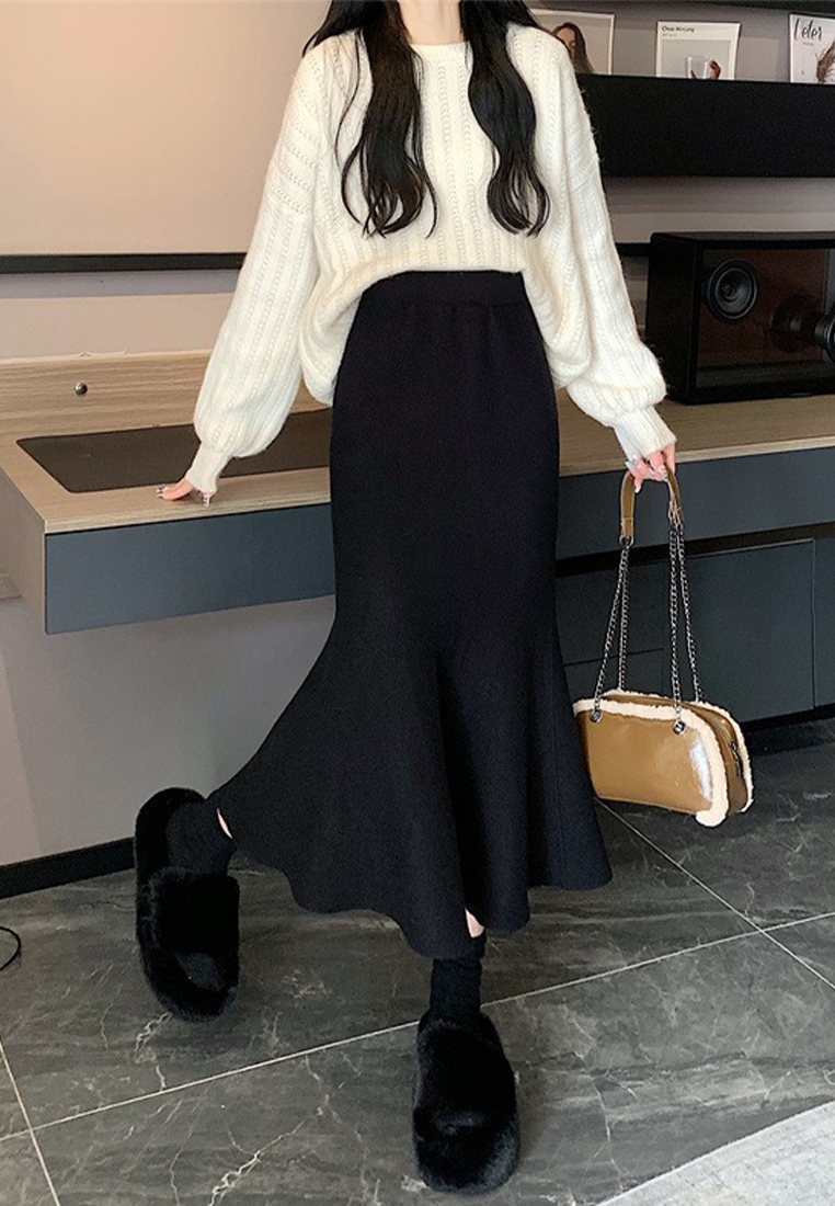 White knitted elegant A line high waisted fishtail skirt CA120431W