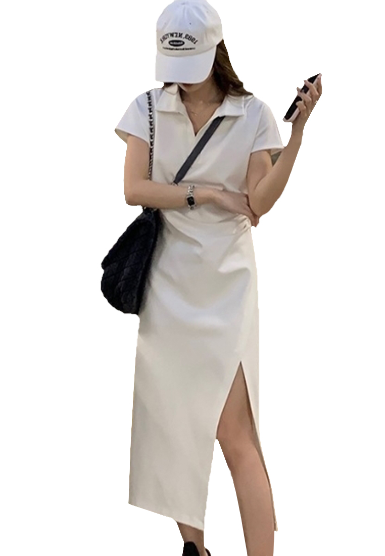 Polo temperament high-waisted slit casual t-shirt long skirt CA24030731GY