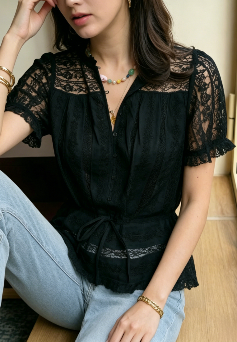 Chic Style Lace Panel Drawstring Waist Short Sleeve Blouse K26050501