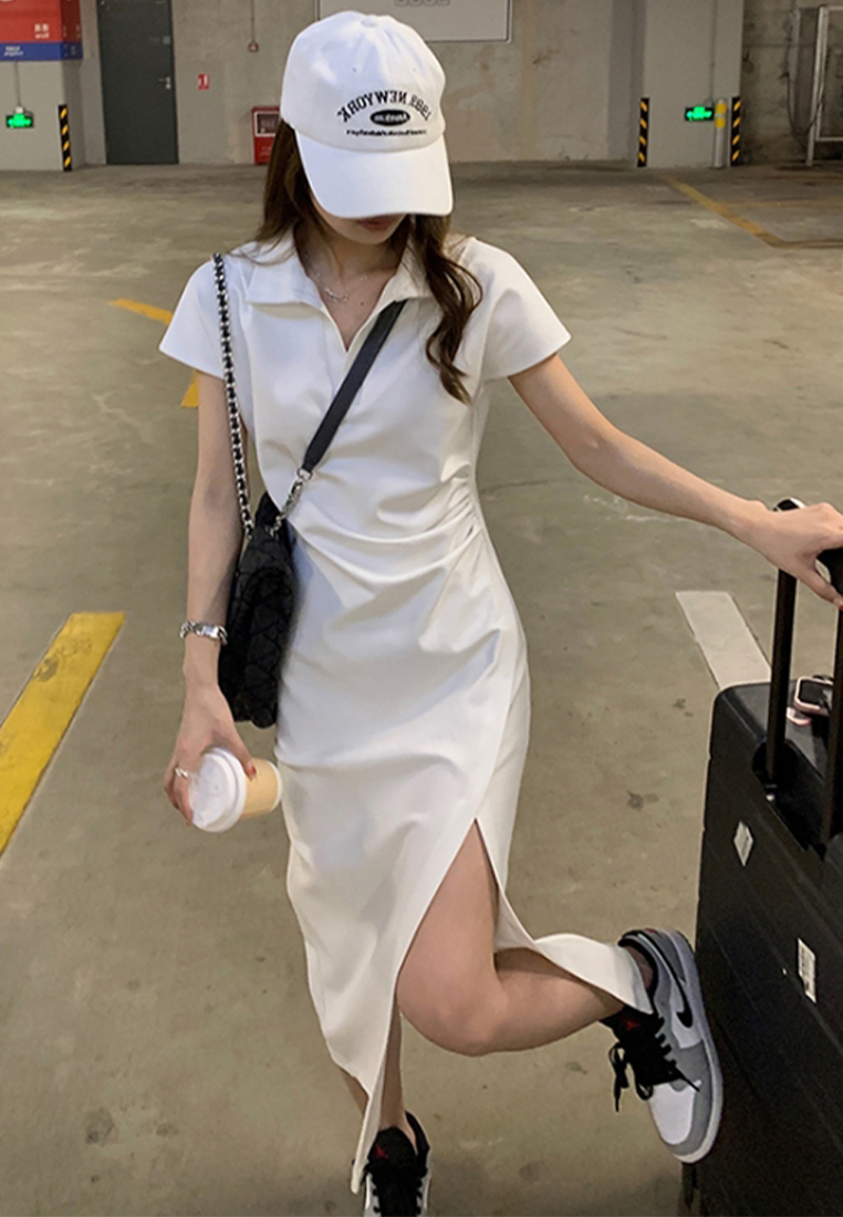 Polo temperament high-waisted slit casual t-shirt long skirt CA24030731GY