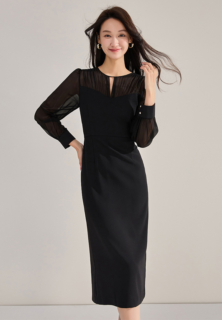 Chiffon style bishop sleeve dress CA24091132BK