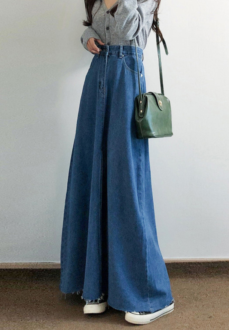 New French high waist split washed blue denim skirt CA25042932BL