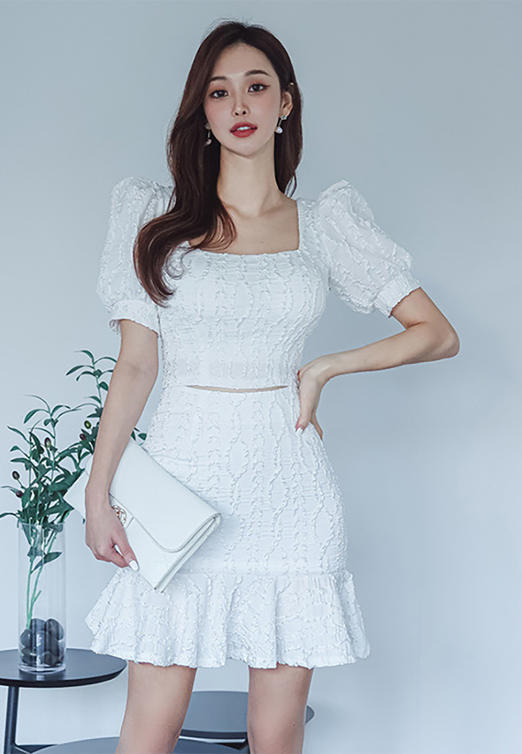 Summer New Square Neck Puff Sleeve Crop Top  High Waist Flounce Hem Skirt Set CA25091532W