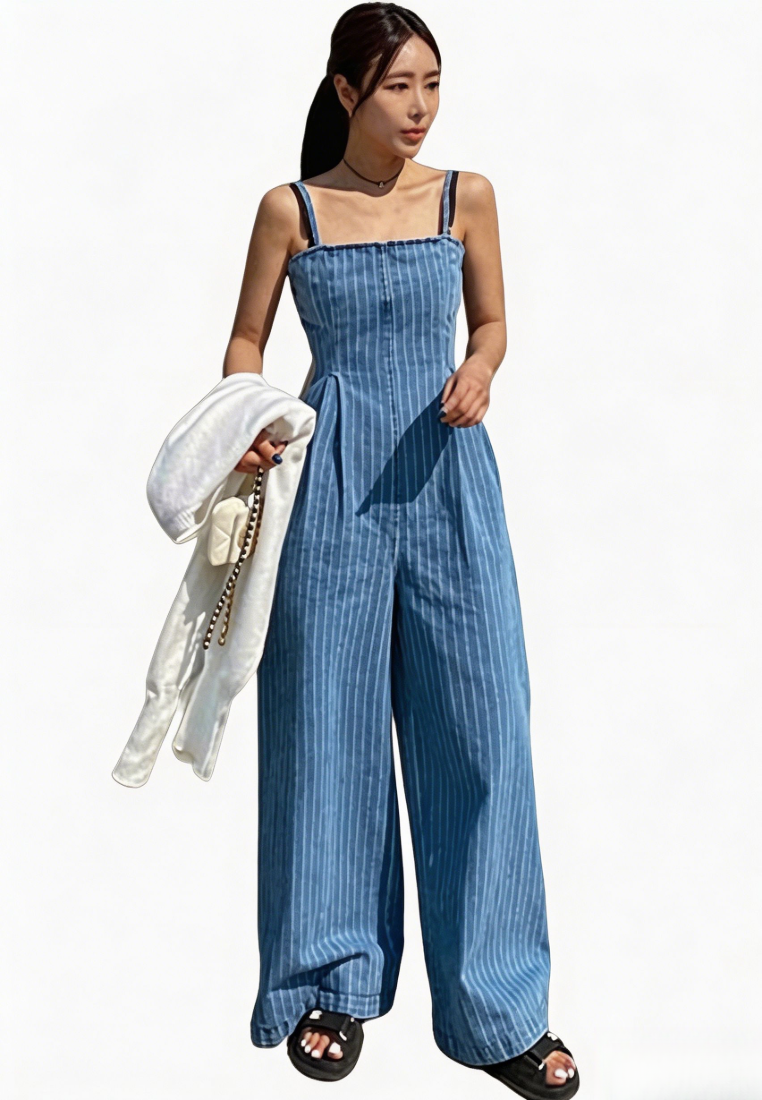 Chic Style Spaghetti Strap Striped Wide Leg Jumpsuit K26042907