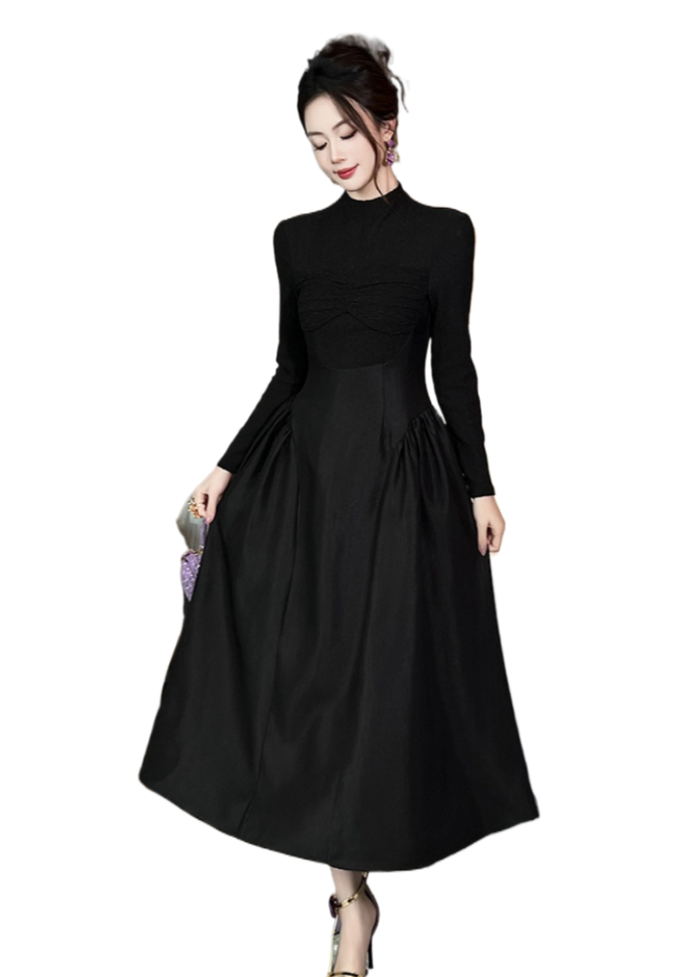 New French-style stand-up collar slim-fit black dress CA25110332BK