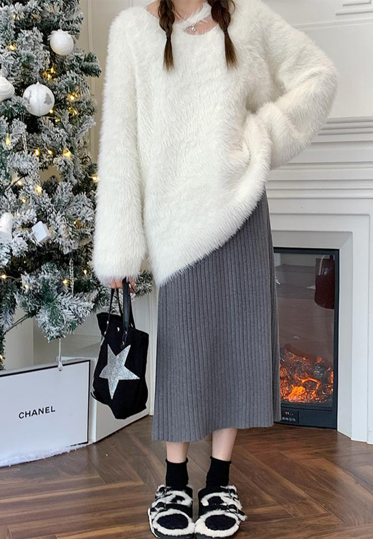 New autumn and winter elastic band high waist straight knitted skirt CA120432BW