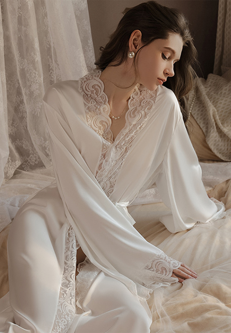 Large size ice silk long lace outer robe suit CA24112032RD