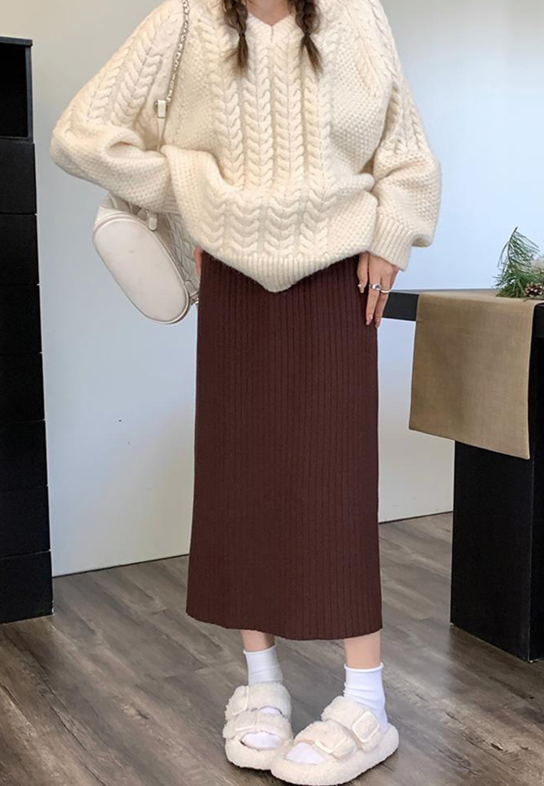 New autumn and winter elastic band high waist straight knitted skirt CA120432BW