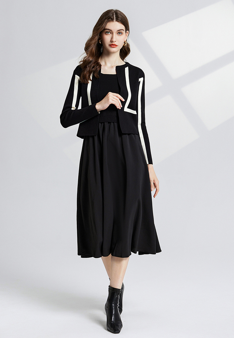 Fashion Knitted Top with Strap Bottom and Woolen Skirt CA241128132BK