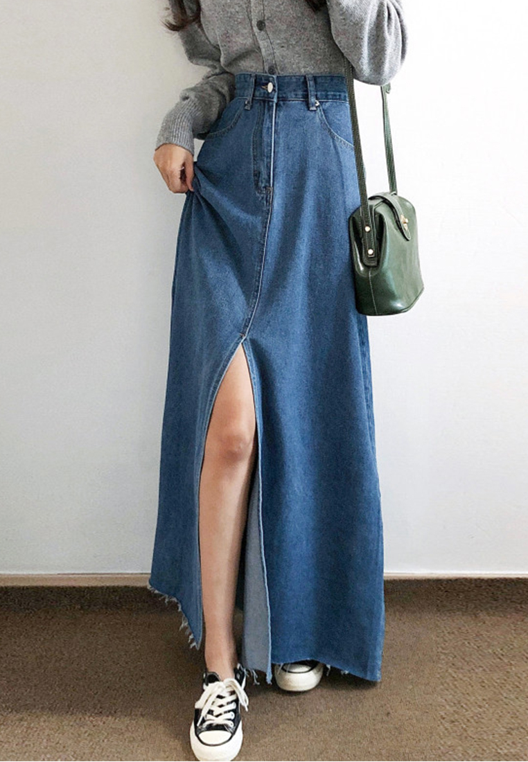 New French high waist split washed blue denim skirt CA25042932BL