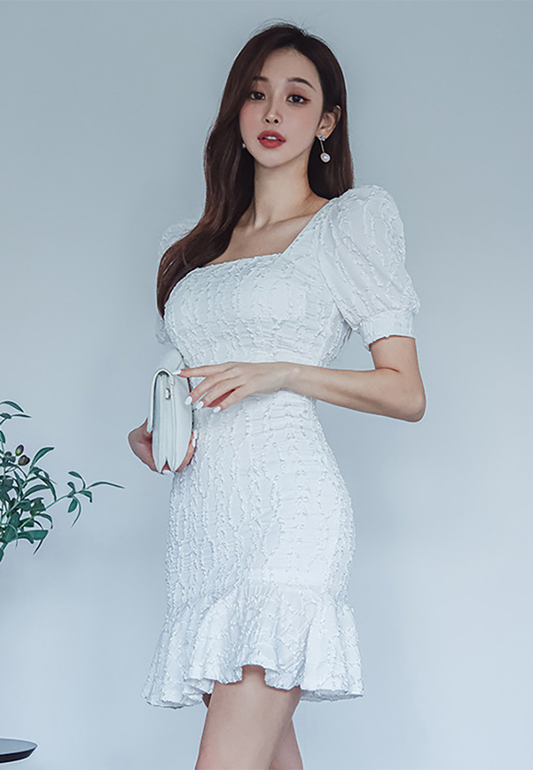 Summer New Square Neck Puff Sleeve Crop Top  High Waist Flounce Hem Skirt Set CA25091532W