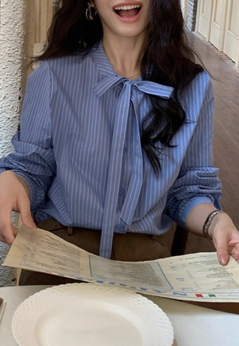 Blue bow striped long-sleeved top CA25091932BL