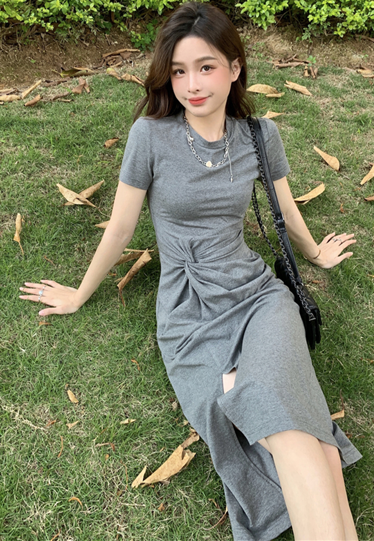 French high-waisted cotton long skirt with side slits CA24030732GY