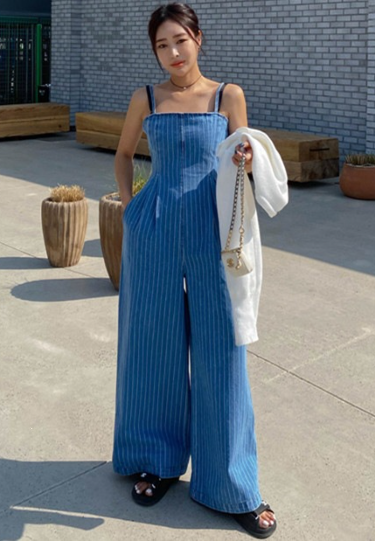 Chic Style Spaghetti Strap Striped Wide Leg Jumpsuit K26042907