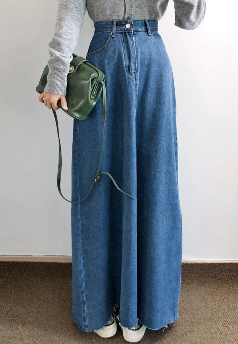 New French high waist split washed blue denim skirt CA25042932BL