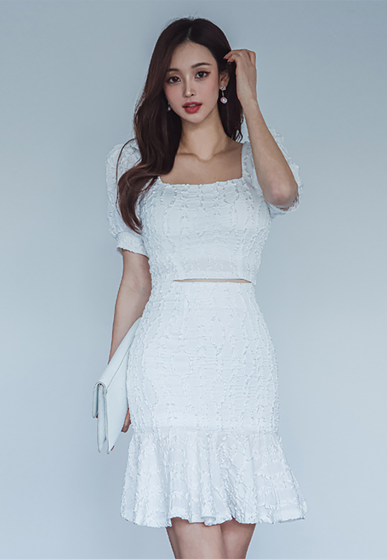 Summer New Square Neck Puff Sleeve Crop Top  High Waist Flounce Hem Skirt Set CA25091532W