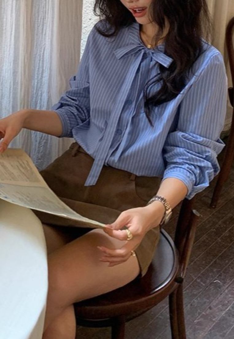 Blue bow striped long-sleeved top CA25091932BL