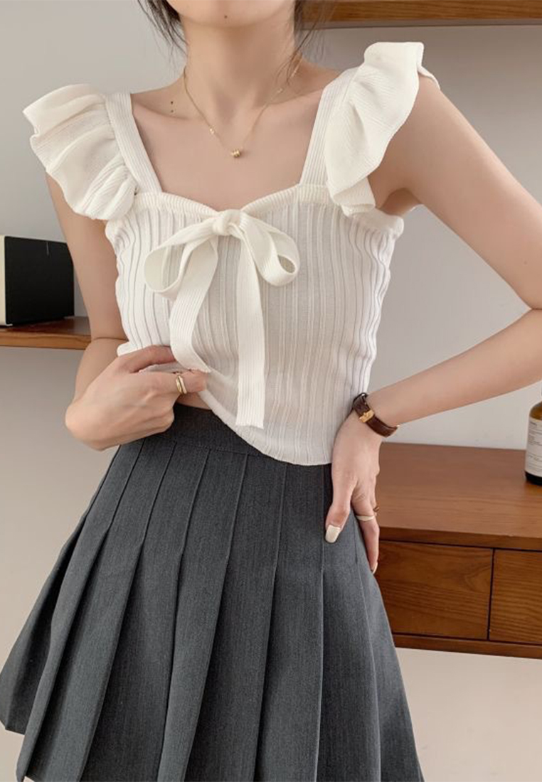 Solid color bow tie suspender knitted vest with ruffled top CA24050632W