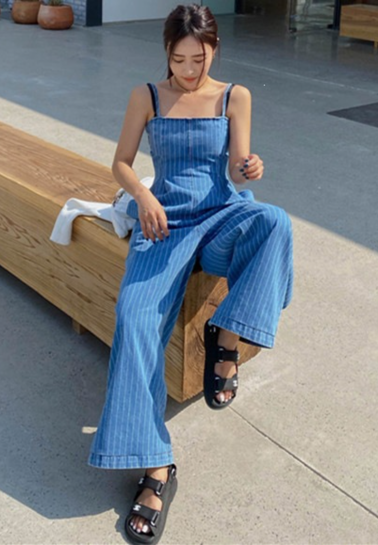 Chic Style Spaghetti Strap Striped Wide Leg Jumpsuit K26042907