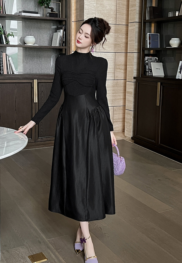 New French-style stand-up collar slim-fit black dress CA25110332BK