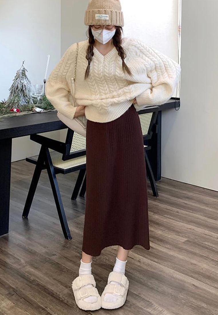 New autumn and winter elastic band high waist straight knitted skirt CA120432BW