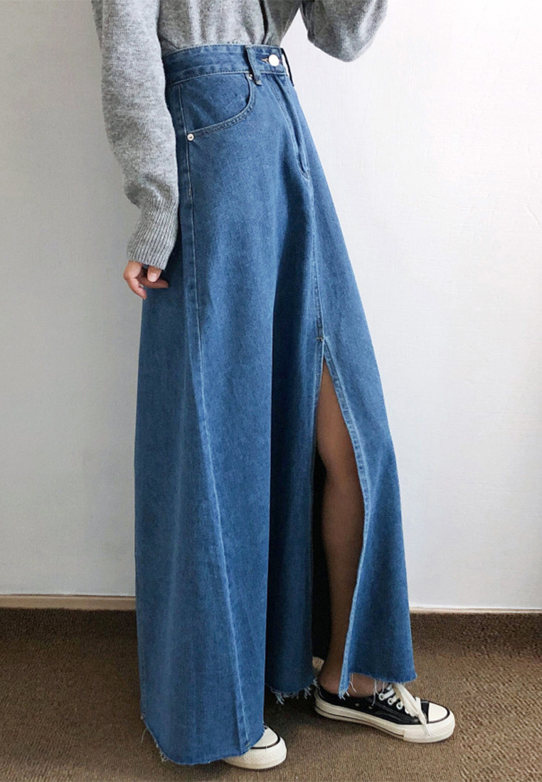 New French high waist split washed blue denim skirt CA25042932BL