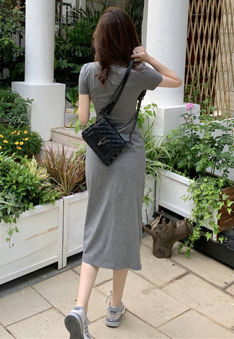 French high-waisted cotton long skirt with side slits CA24030732GY