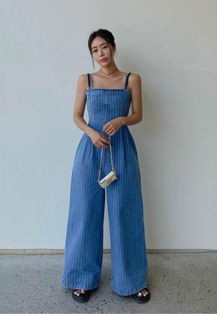 Chic Style Spaghetti Strap Striped Wide Leg Jumpsuit K26042907
