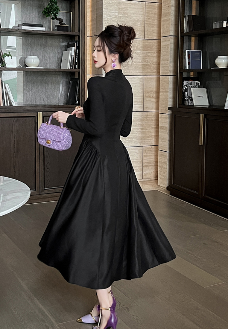 New French-style stand-up collar slim-fit black dress CA25110332BK