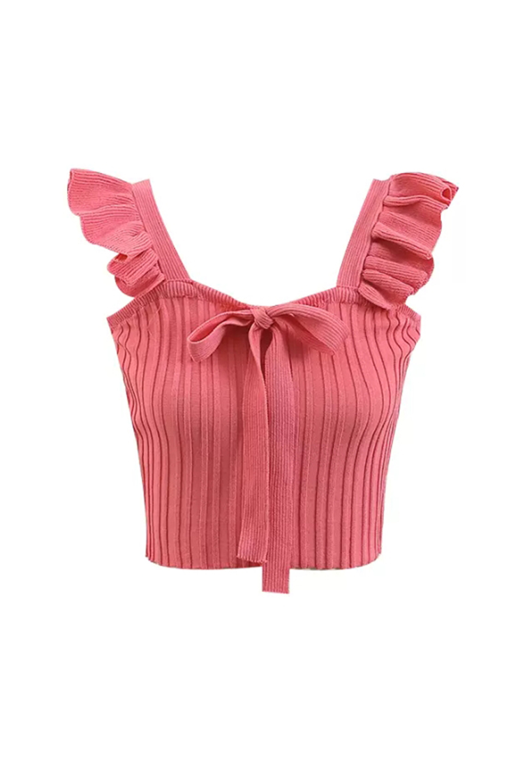 Solid color bow tie suspender knitted vest with ruffled top CA24050632W