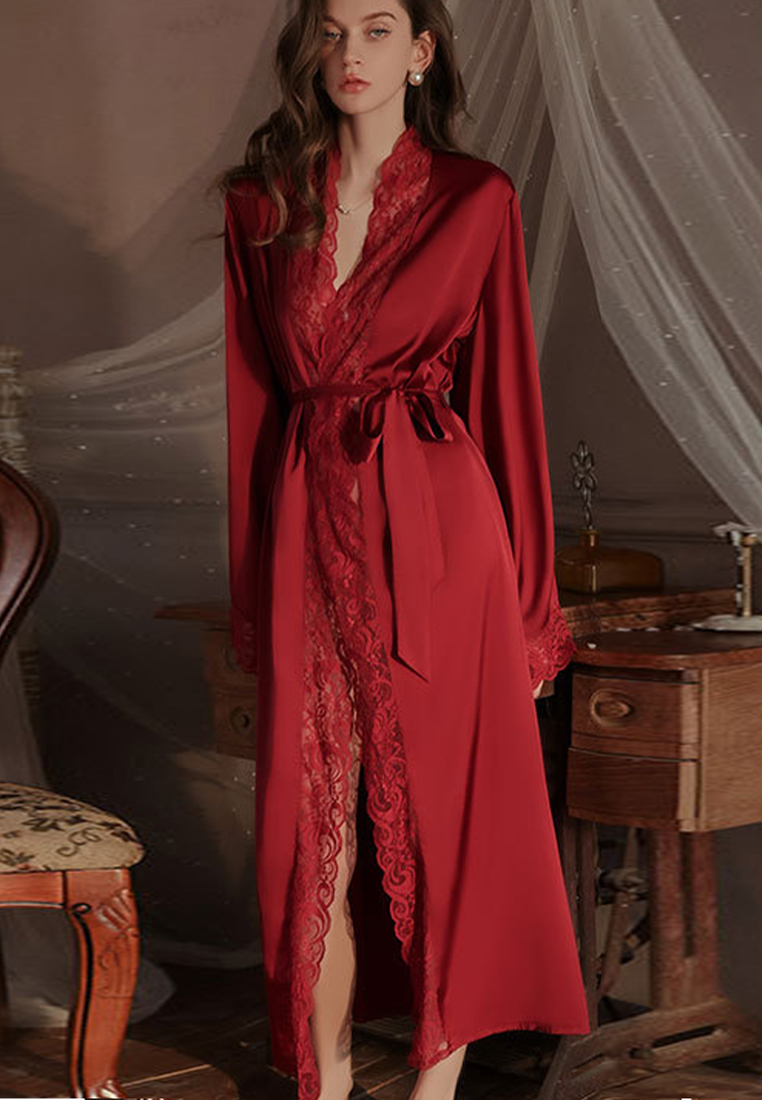 Large size ice silk long lace outer robe suit CA24112032RD