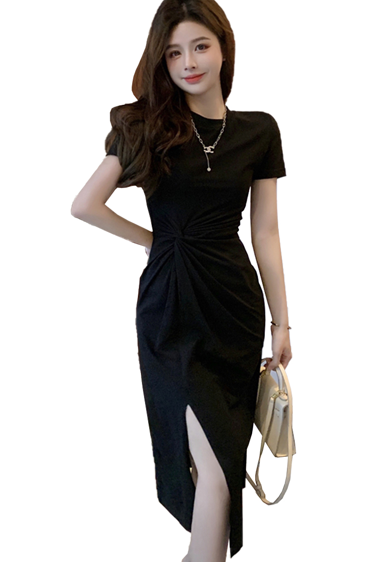 French high-waisted cotton long skirt with side slits CA24030732GY