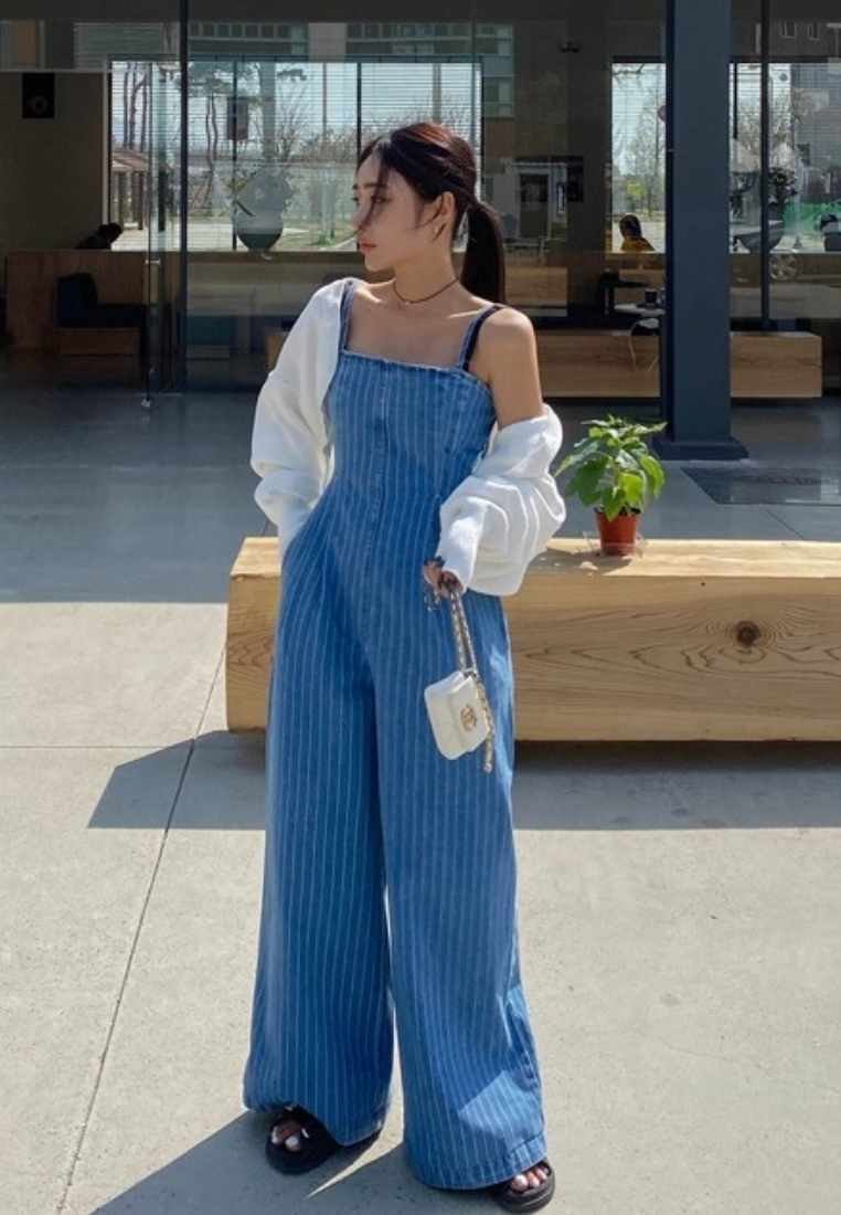Chic Style Spaghetti Strap Striped Wide Leg Jumpsuit K26042907