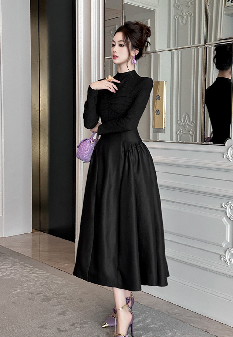 New French-style stand-up collar slim-fit black dress CA25110332BK