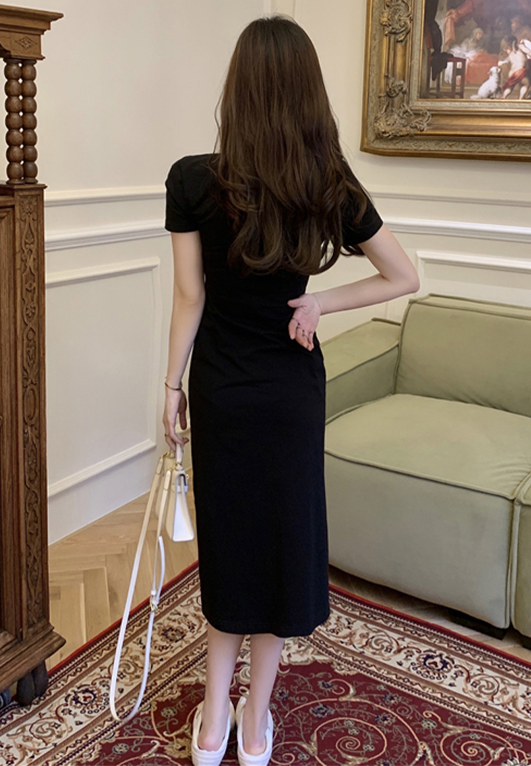 French high-waisted cotton long skirt with side slits CA24030732GY