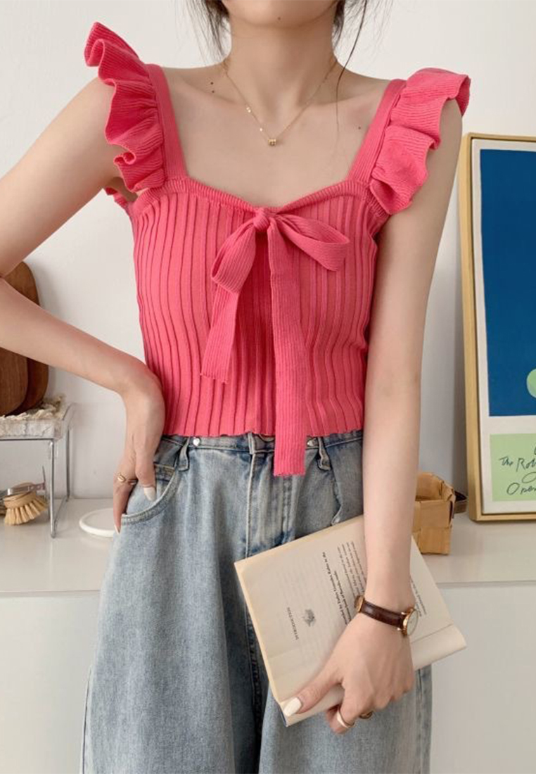 Solid color bow tie suspender knitted vest with ruffled top CA24050632W