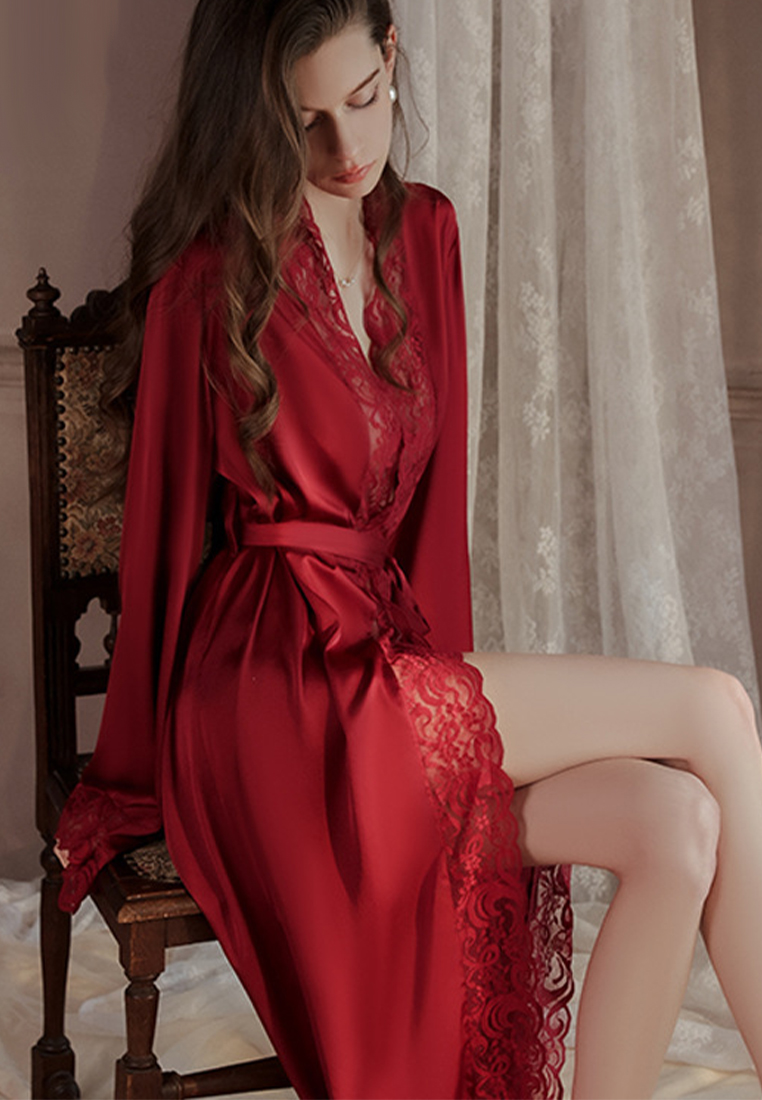 Large size ice silk long lace outer robe suit CA24112032RD