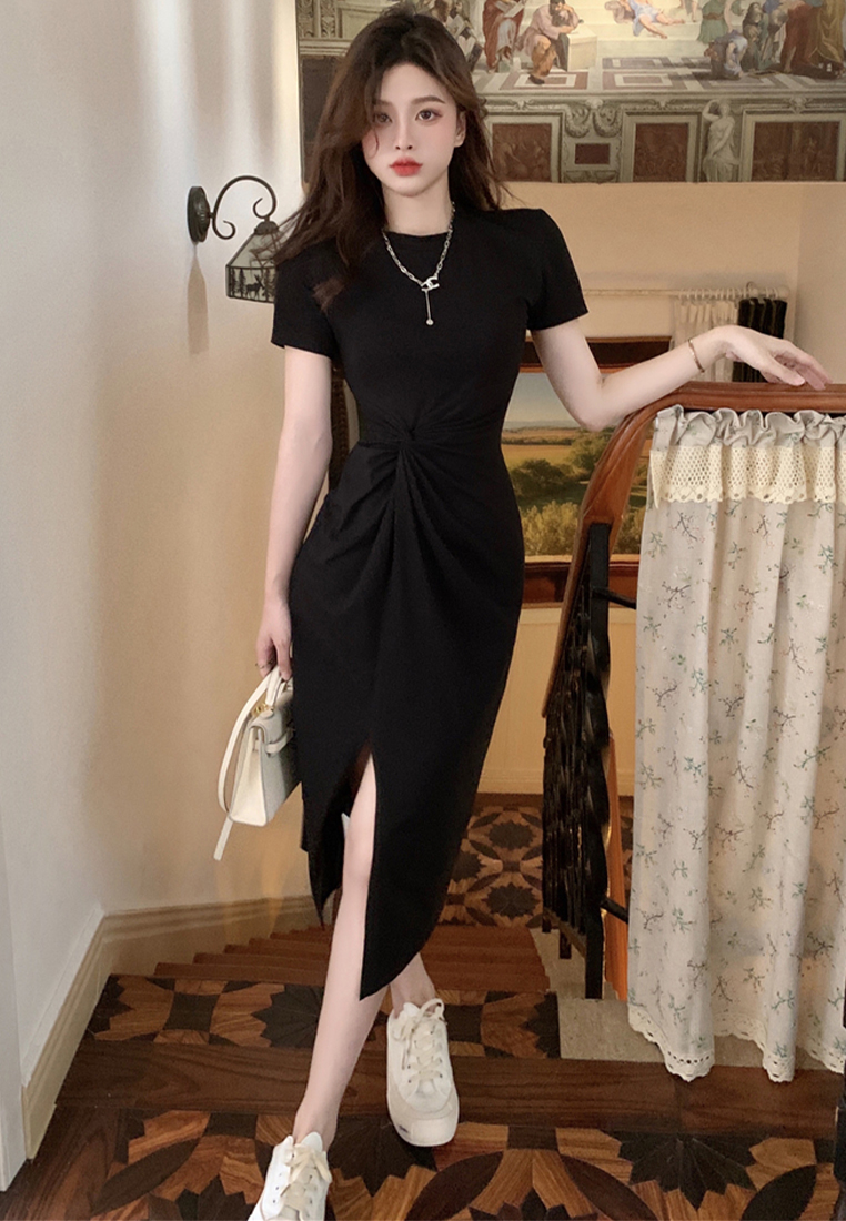 French high-waisted cotton long skirt with side slits CA24030732GY
